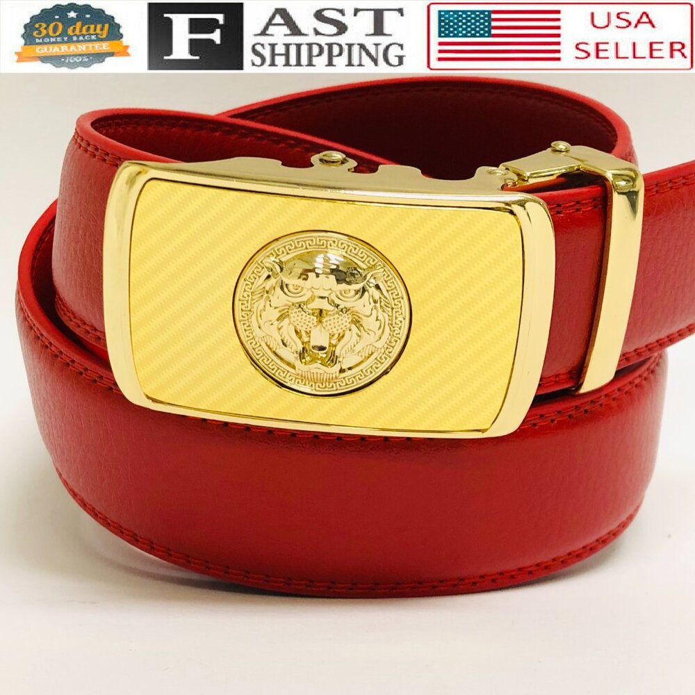 Red Belt Slide Belt Square Gold Buckle‎ Not Holes Slide Belt Fashion Street Wear